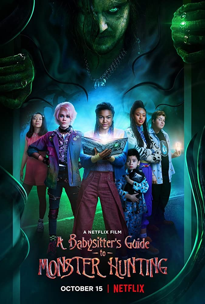 5 figures stand in the centre of this poster; the individual in the middle holding a book which shines from its pages. Towering over them in a green light is a more menacing individual - void eyes, long hair, rugged clothing. 