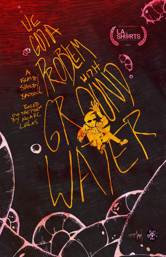 A poster in the film's unique art style showing the main character sinking to the dark depths of the red water