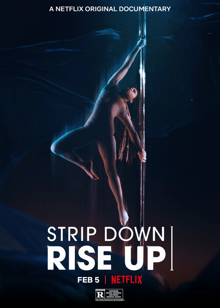 A pole dancer is the centre of the image as she glows in a golden costume, pushing herself out from the left hand side of the silver pole. The background is entirely a dark blue with a neon haze that highlights the dancer in the middle.