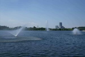 The fountains on the artifical lake.