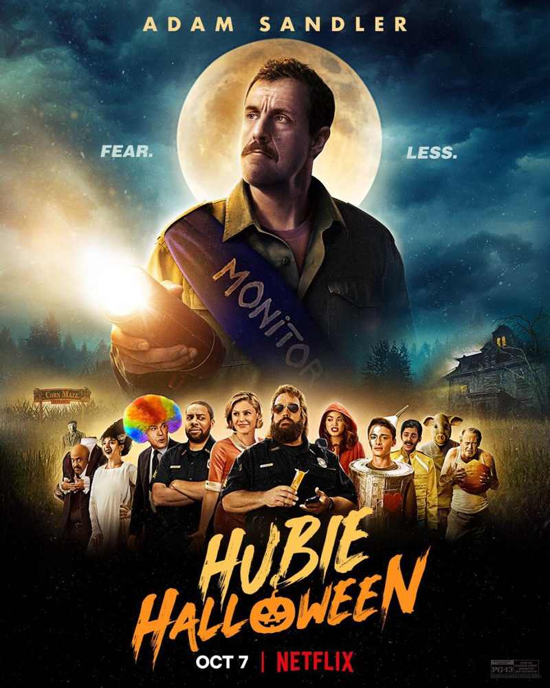 The poster for Hubie Halloween is intentionally over-dramatic. A massive Adam Sandler dominates the majority of the photo, set against a full-moon-background. Other members of the notable cast are layed-out beneath Sandler in far smaller scale.