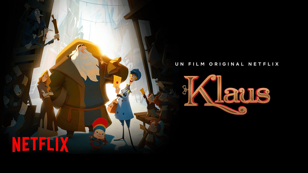 The poster for Klaus shows our three main characters standing together against a snowy white backdrop, surrounded by young children offering up their letters.