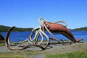 A "life-sized", 55-foot sculpture of the Thimble Tickle giant squid of 1878, long regarded by Guinness as the largest specimen ever recorded. Part of the Giant Squid Interpretation Centre in Glover's Harbour (formerly Thimble Tickle), Newfoundland and Labrador, Canada.